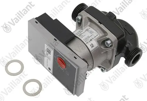 Vaillant Pumpe mit einem blauen Gehäuse und einer Steuerungseinheit, inklusive zwei Dichtungen. Einsatz in Heizungs- oder Warmwassersystemen.